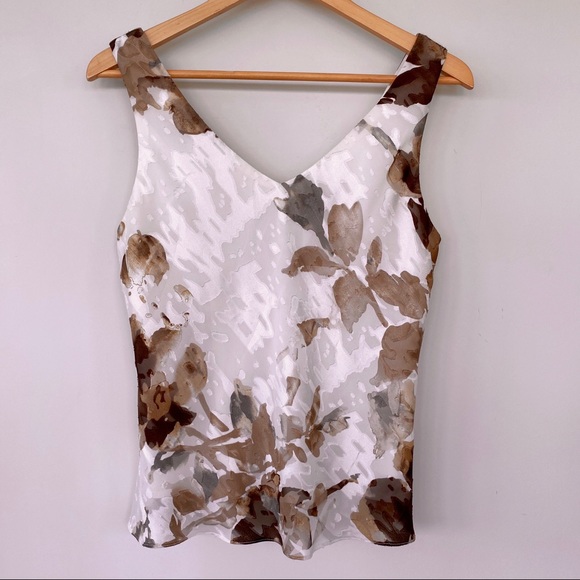 Tops - Cream and brown floral print V-neck top